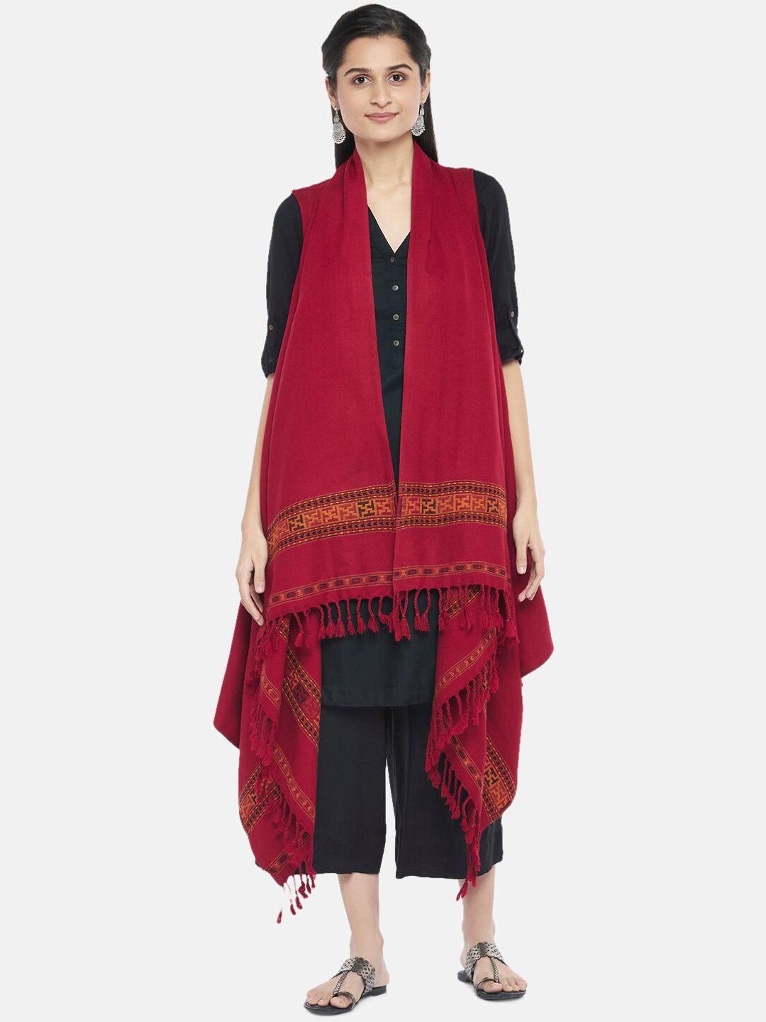 rangmanch by pantaloons women maroon acrylic longline ethnic open front jacket