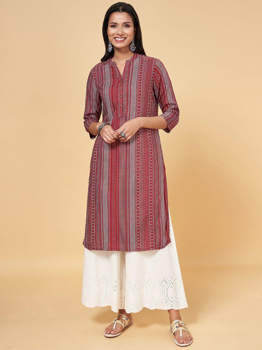 rangmanch by pantaloons women maroon striped thread work kurta