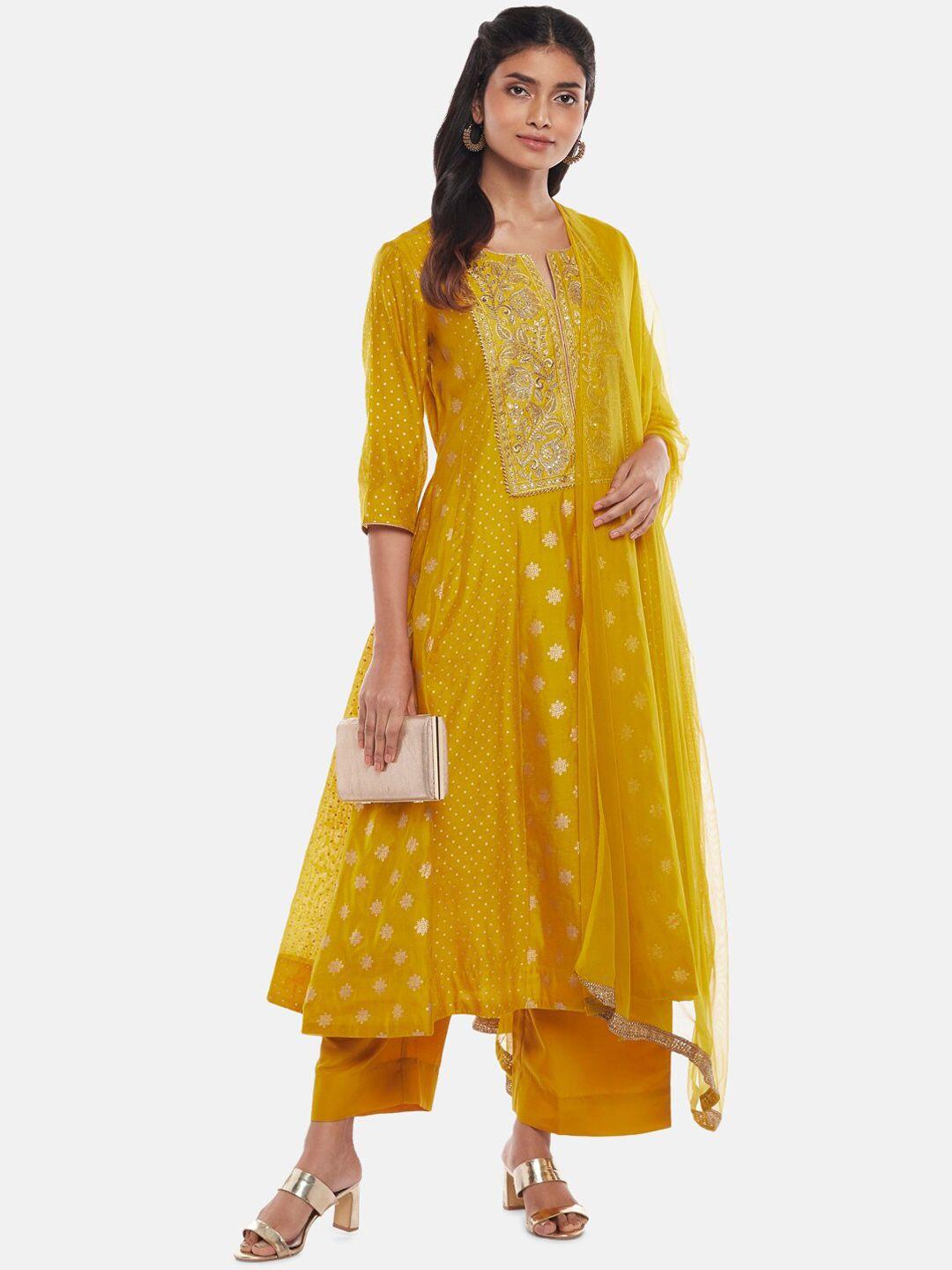rangmanch by pantaloons women mustard embroidered chanderi kurta set & dupatta