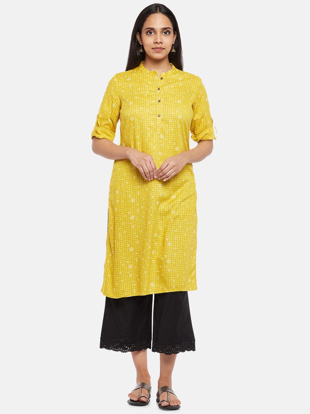 rangmanch by pantaloons women mustard yellow & white paisley printed thread work kurta