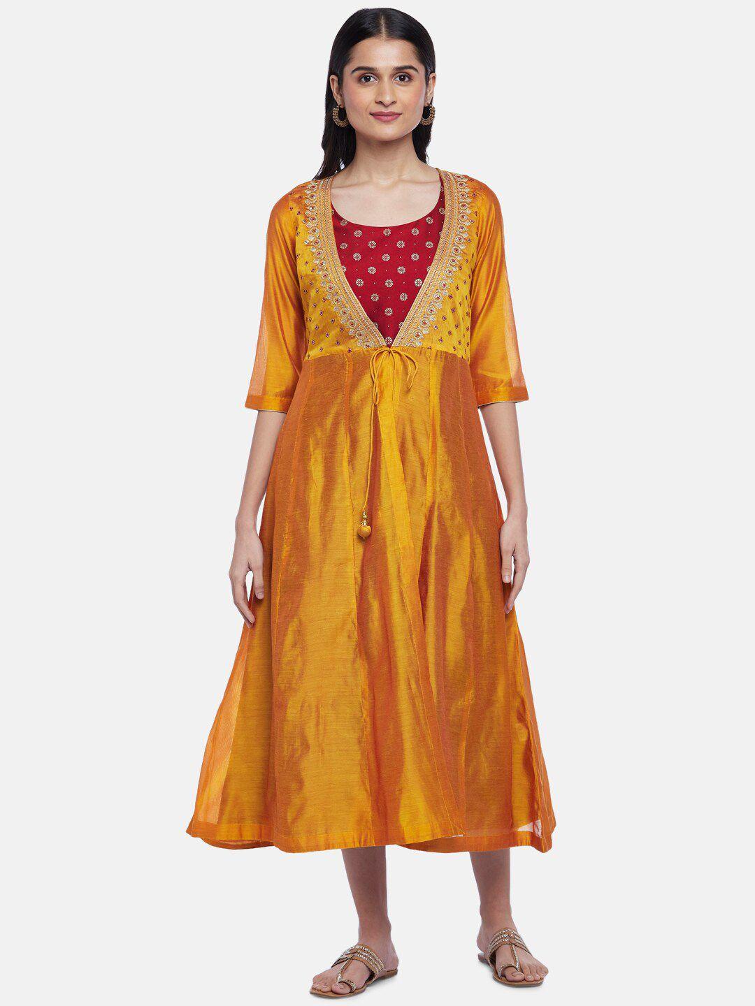 rangmanch by pantaloons women mustard yellow and maroon ethnic print layered midi dress
