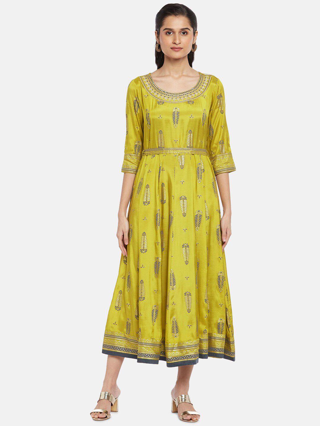 rangmanch by pantaloons women mustard yellow ethnic motifs a-line midi dress