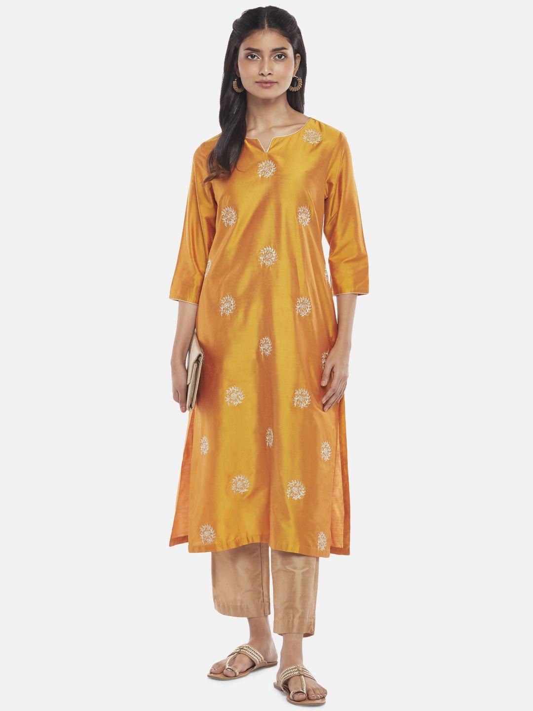 rangmanch by pantaloons women mustard yellow ethnic motifs embellished keyhole neck thread work kurta