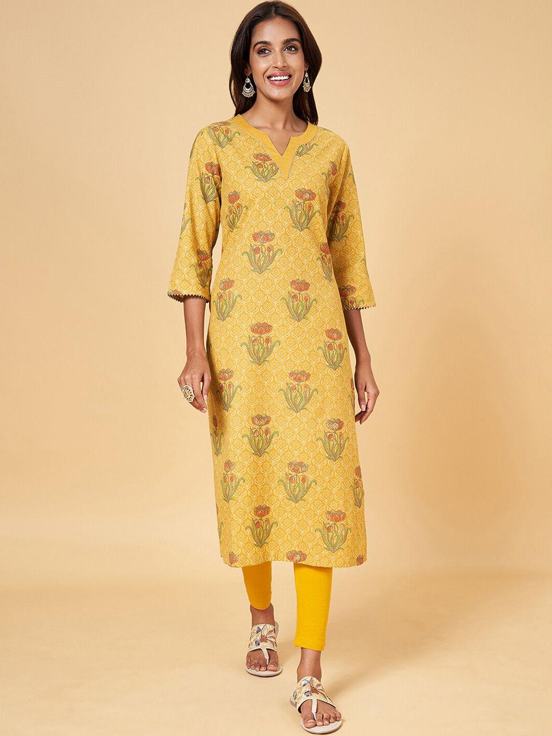 rangmanch by pantaloons women mustard yellow ethnic motifs printed keyhole neck flared sleeves sequinned kurta