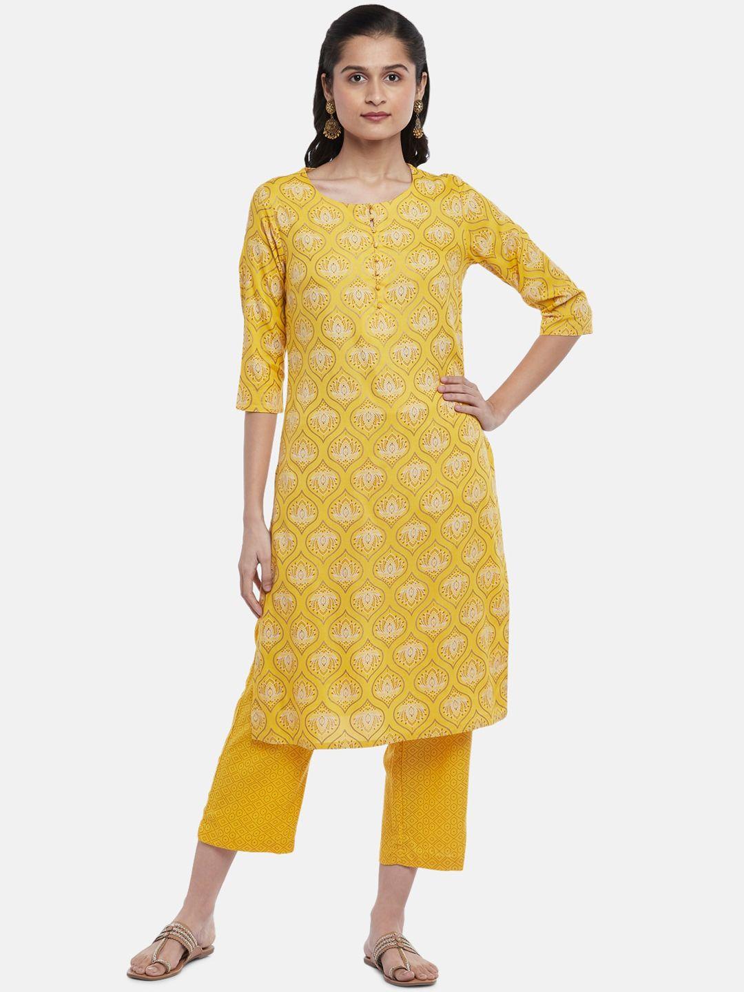 rangmanch by pantaloons women mustard yellow floral printed kurta with trousers