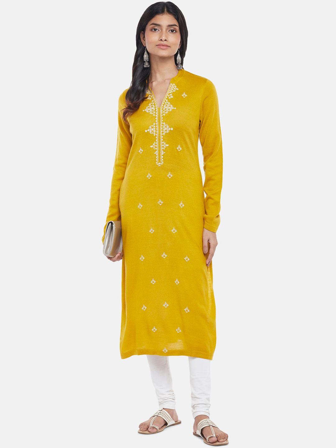 rangmanch by pantaloons women mustard yellow geometric woven design kurta