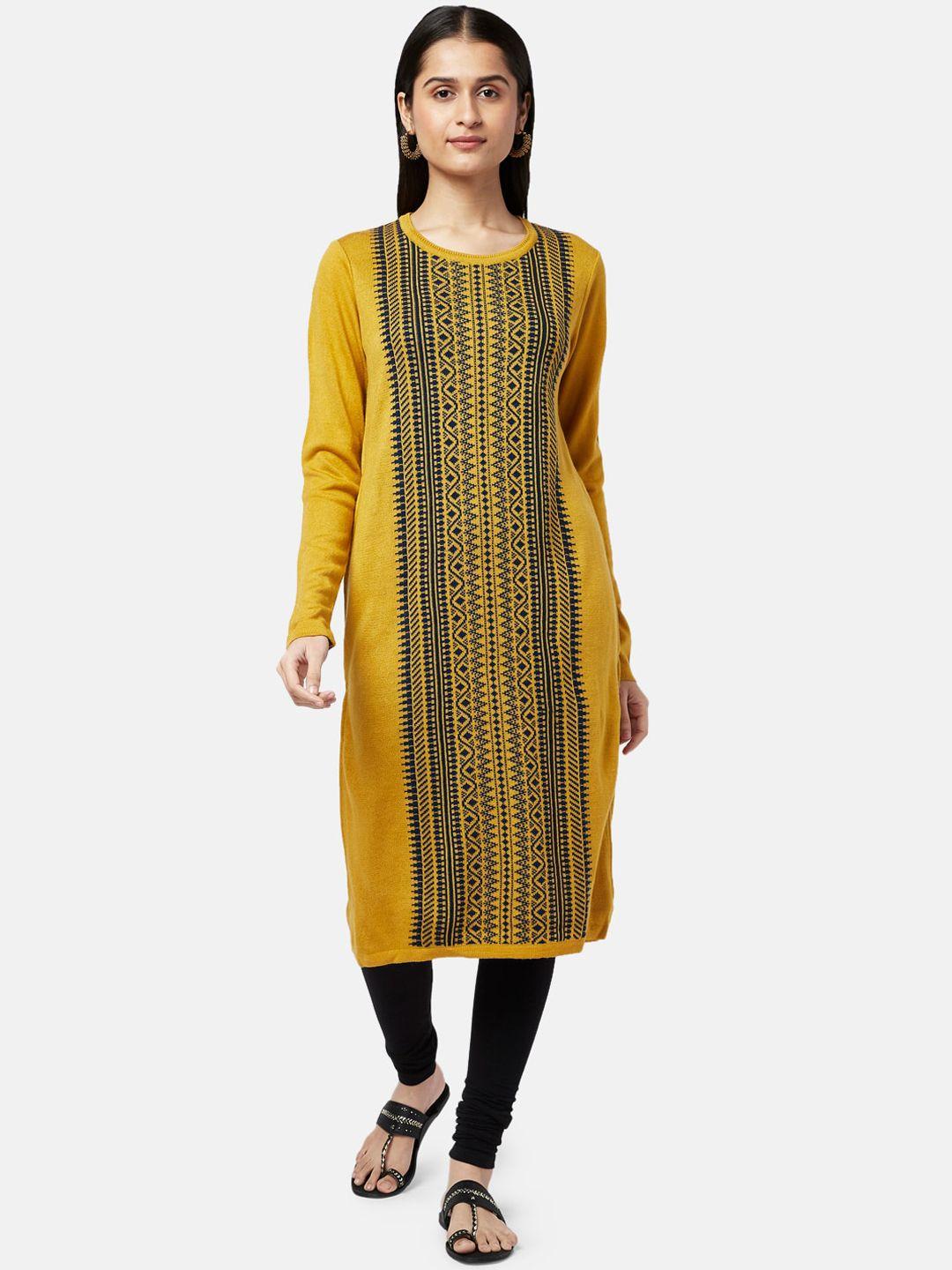 rangmanch by pantaloons women mustard yellow geometric woven design straight fit kurta