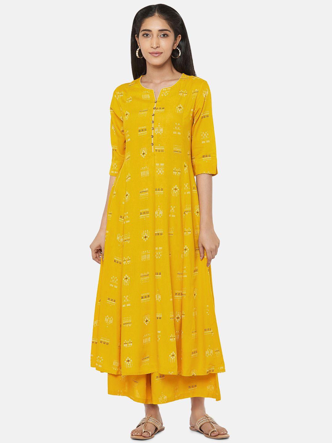 rangmanch by pantaloons women mustard yellow printed anarkali kurta