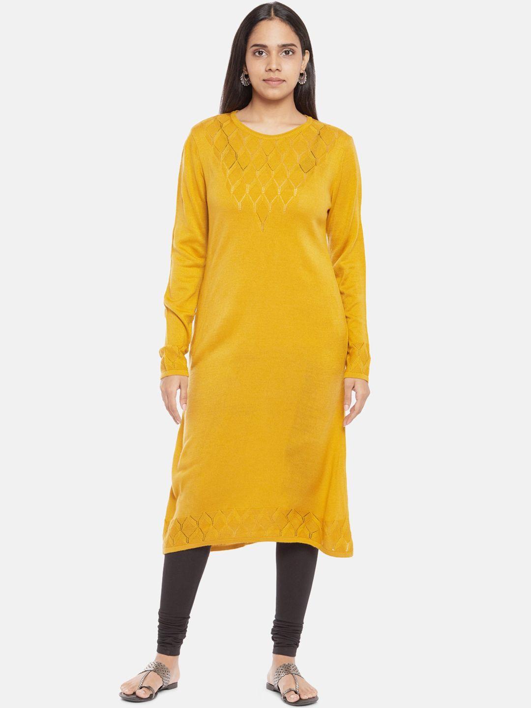 rangmanch by pantaloons women mustard yellow woven design acrylic straight kurta