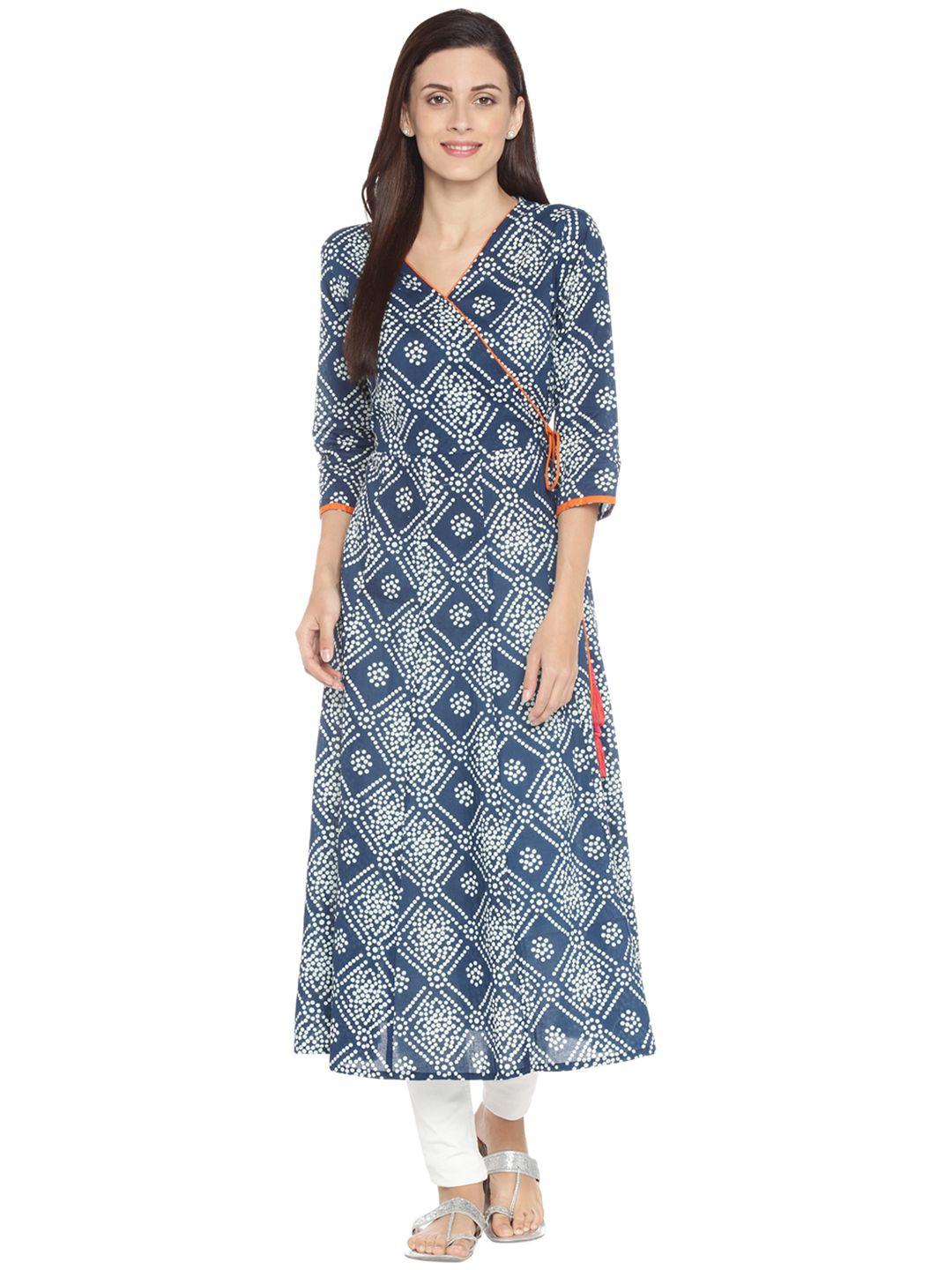 rangmanch by pantaloons women navy blue & off-white printed a-line kurta