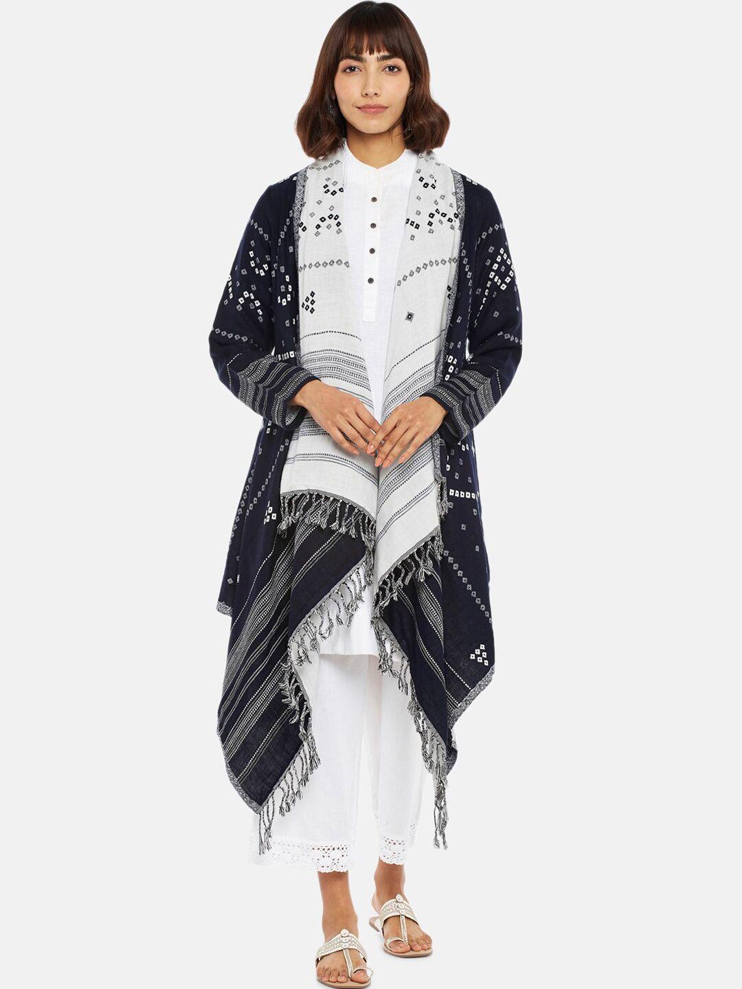rangmanch by pantaloons women navy blue & white acrylic longline open front jacket