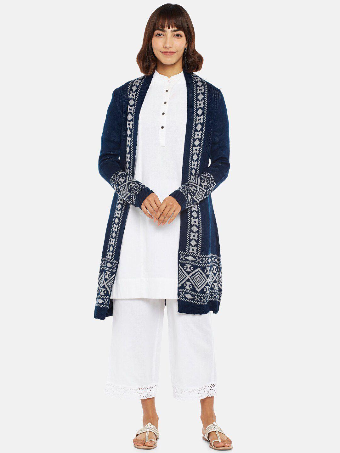 rangmanch by pantaloons women navy blue acrylic longline open front jacket with embroidered