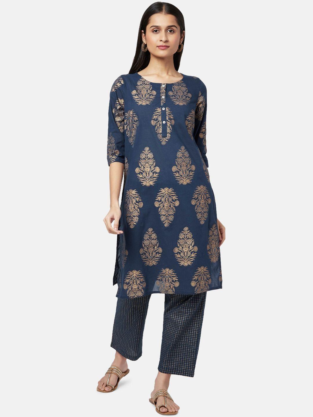 rangmanch by pantaloons women navy blue floral printed pure cotton kurta with trouser set