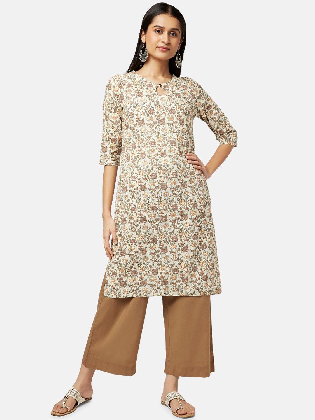 rangmanch by pantaloons women off white & brown printed pure cotton kurta with palazzos