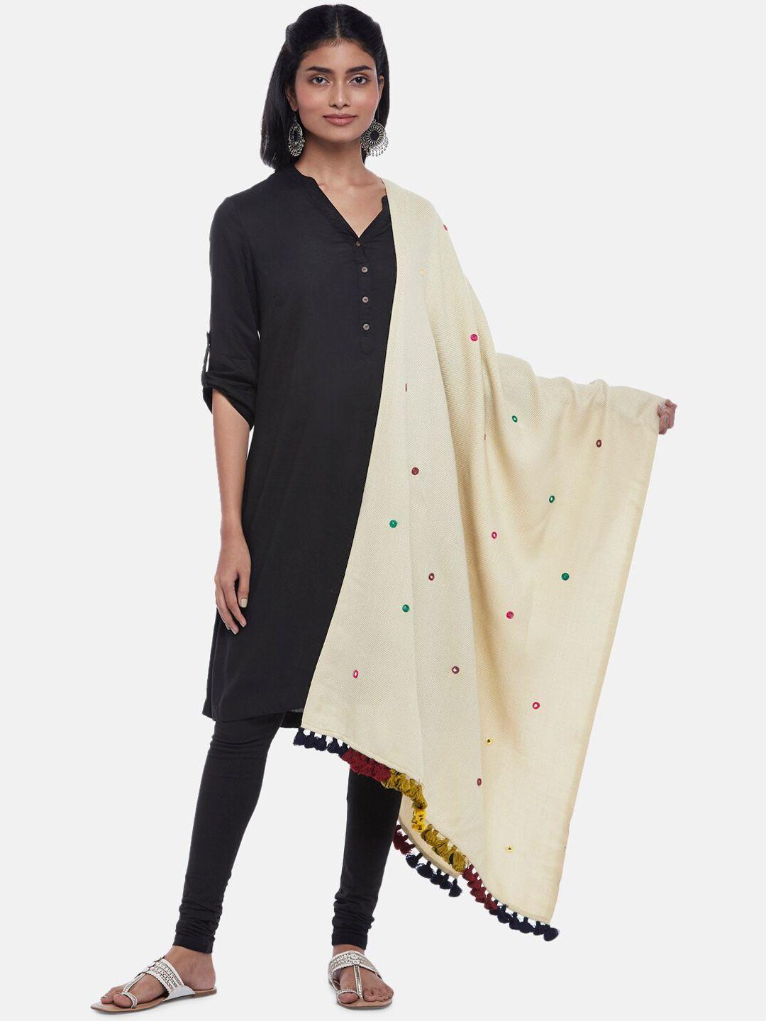 rangmanch by pantaloons women off white embroidered mirror work shawl