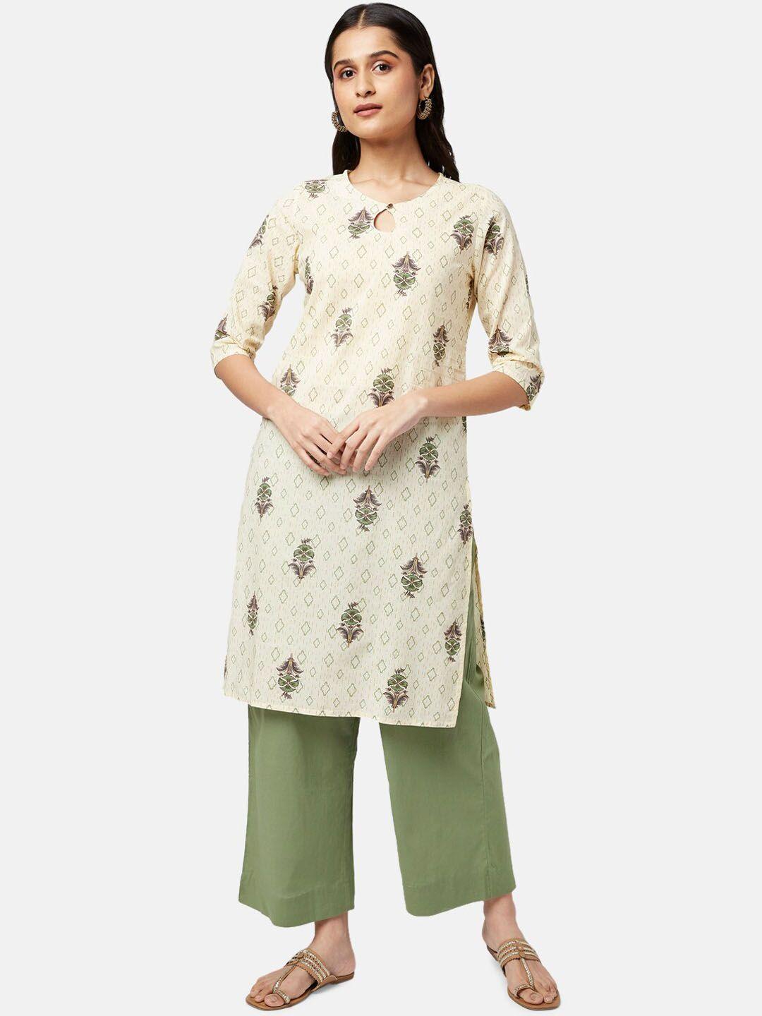 rangmanch by pantaloons women off white floral printed pure cotton kurta with trousers