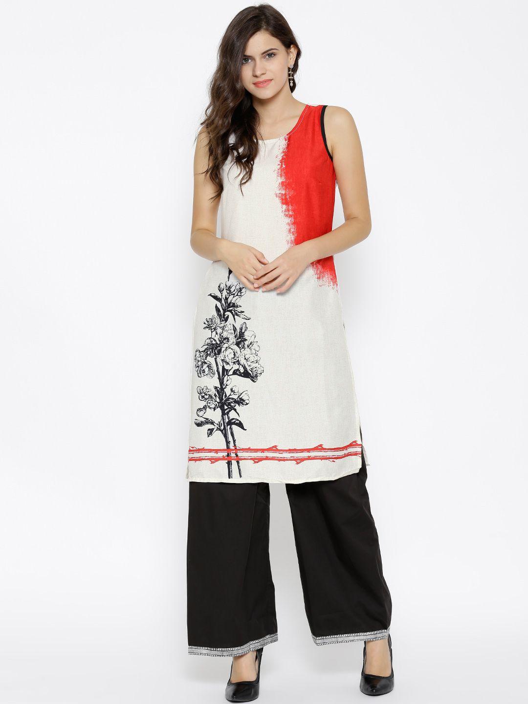 rangmanch by pantaloons women off-white printed straight kurta