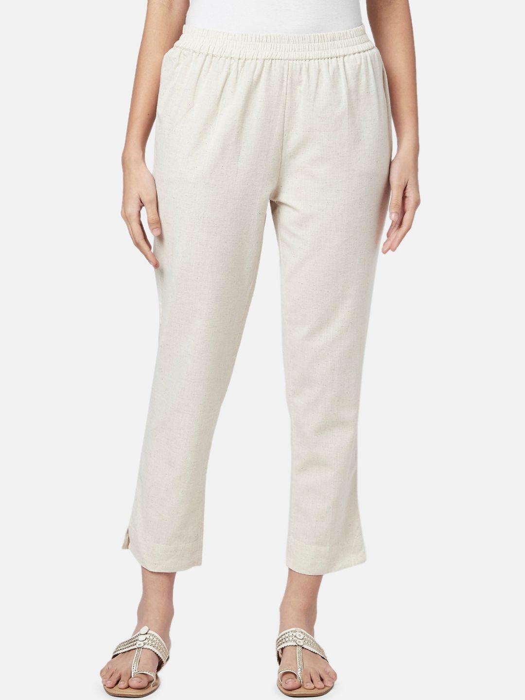 rangmanch by pantaloons women off white solid cotton regular trousers