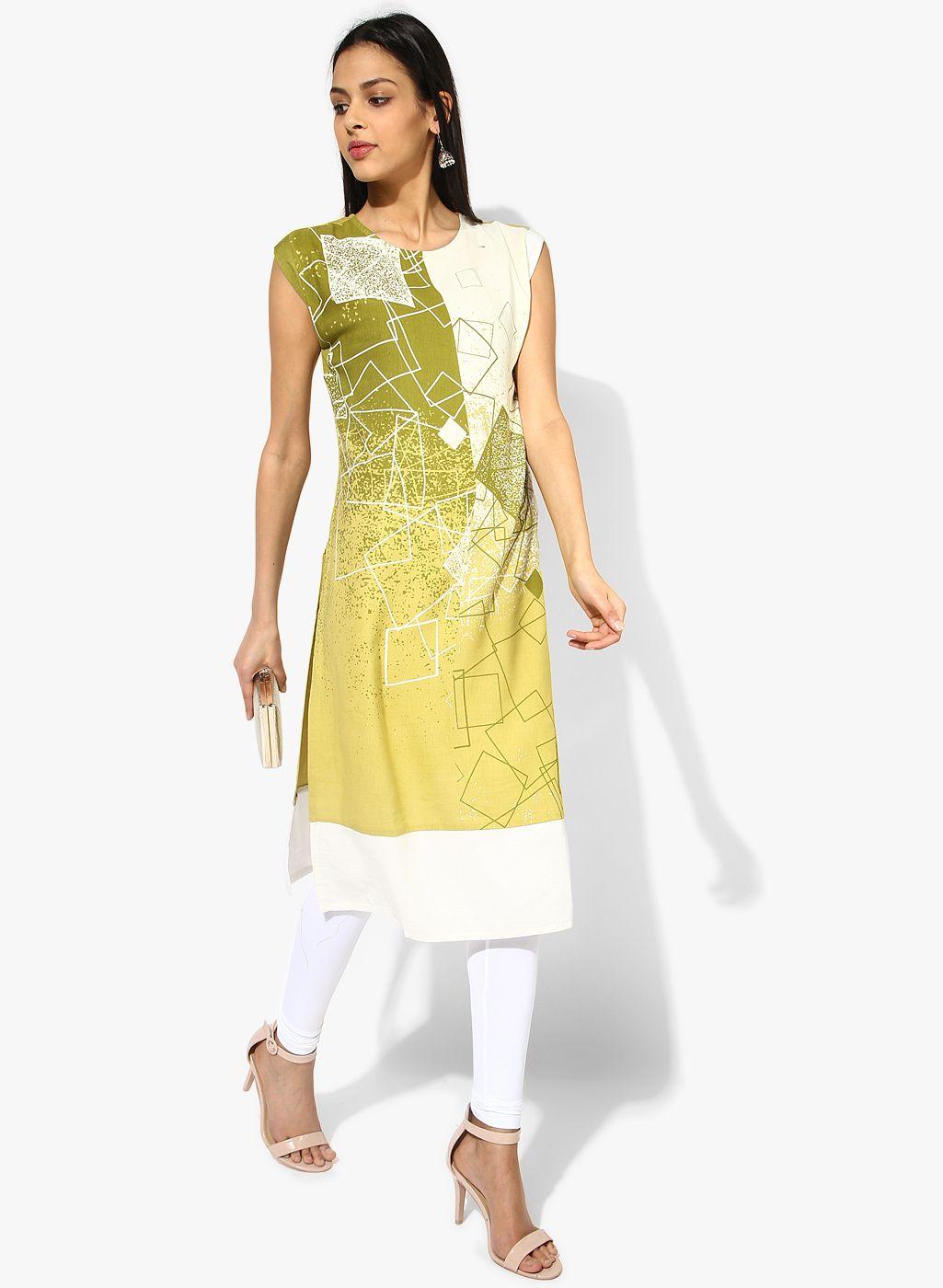 rangmanch by pantaloons women olive green & off-white printed straight kurta