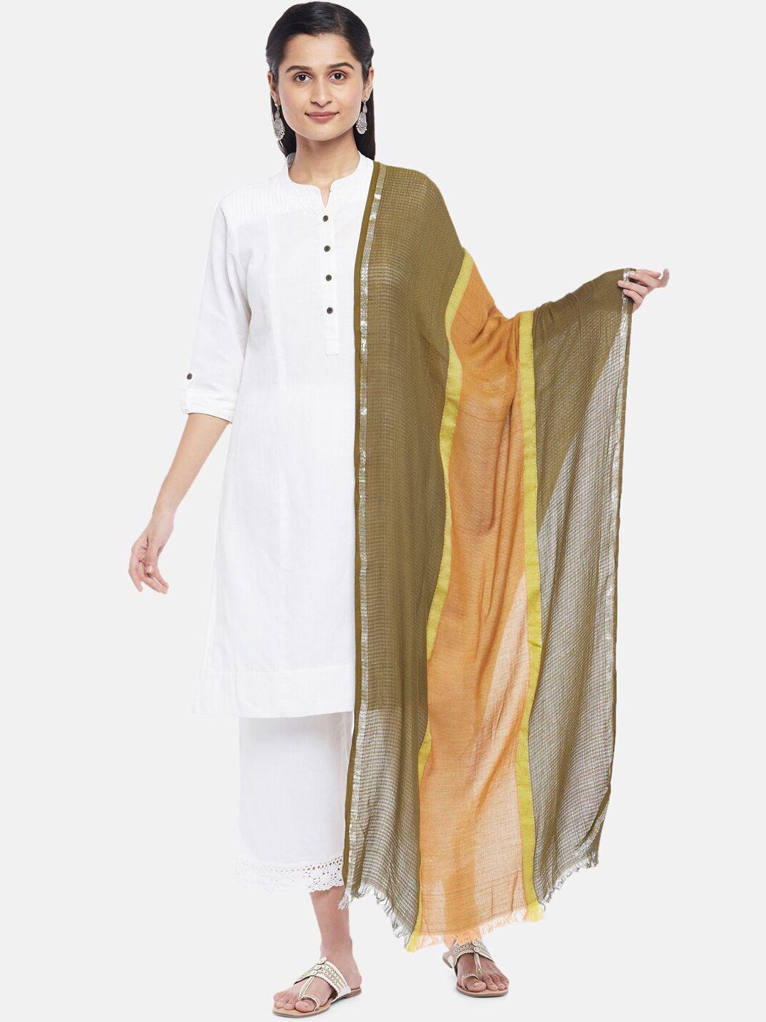 rangmanch by pantaloons women olive green & yellow woven design shawl
