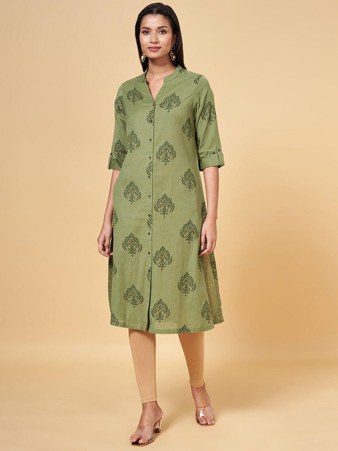 rangmanch by pantaloons women olive green ethnic motifs embroidered thread work kurta