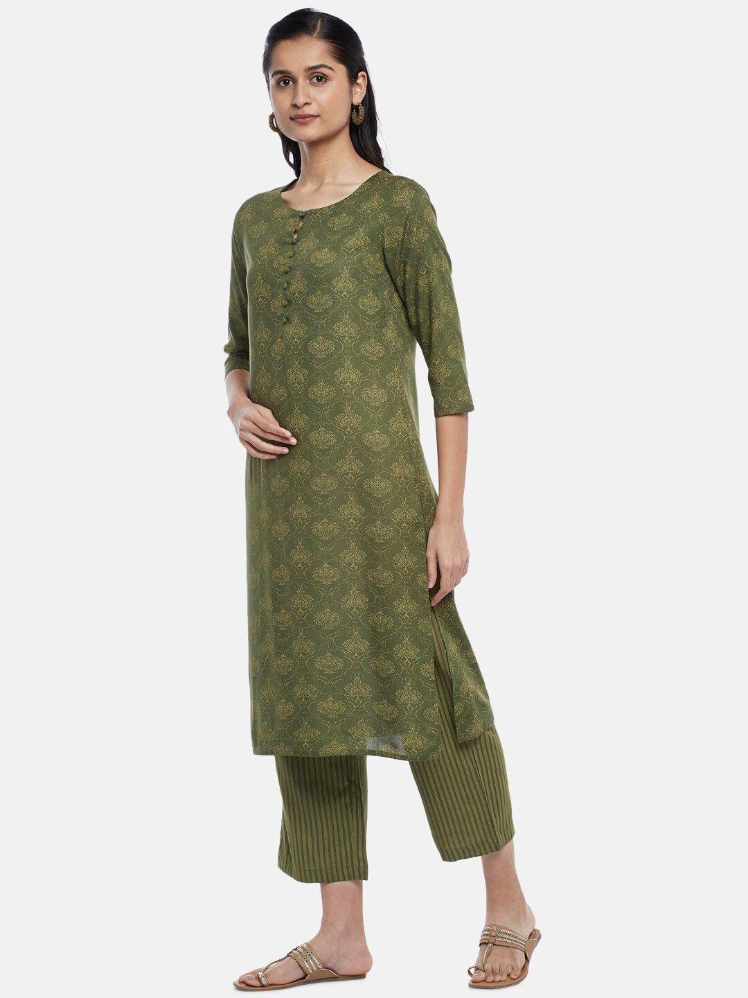 rangmanch by pantaloons women olive green ethnic motifs printed kurta with trousers