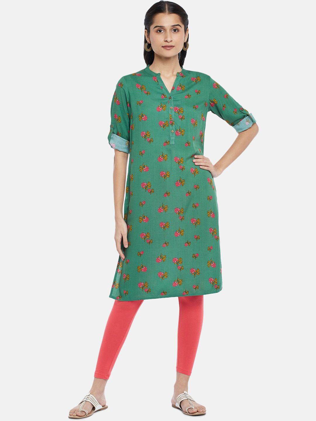 rangmanch by pantaloons women olive green floral printed thread work kurta