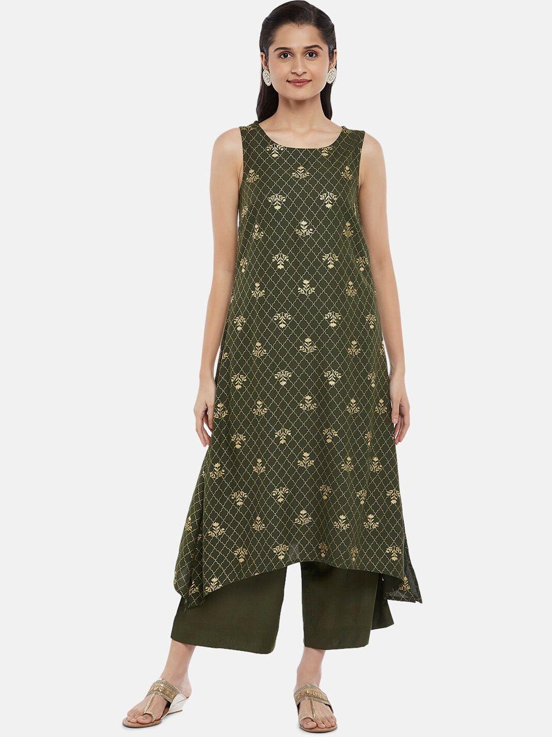 rangmanch by pantaloons women olive green printed kurta with palazzos