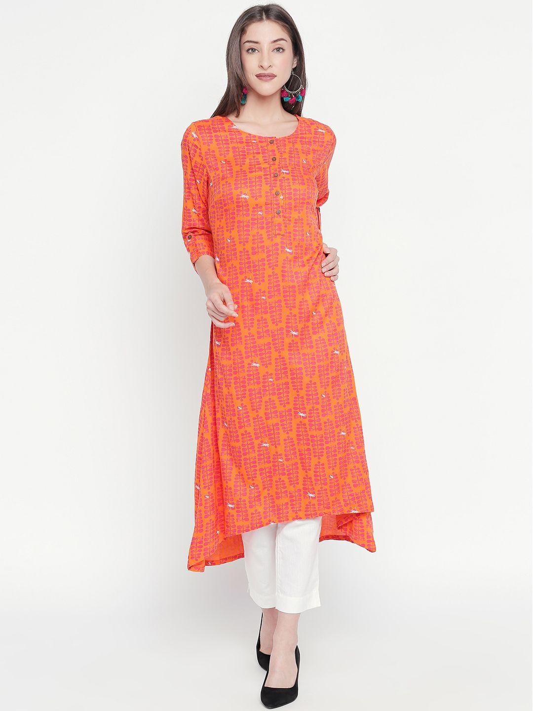 rangmanch by pantaloons women orange printed asymmetric a-line kurta