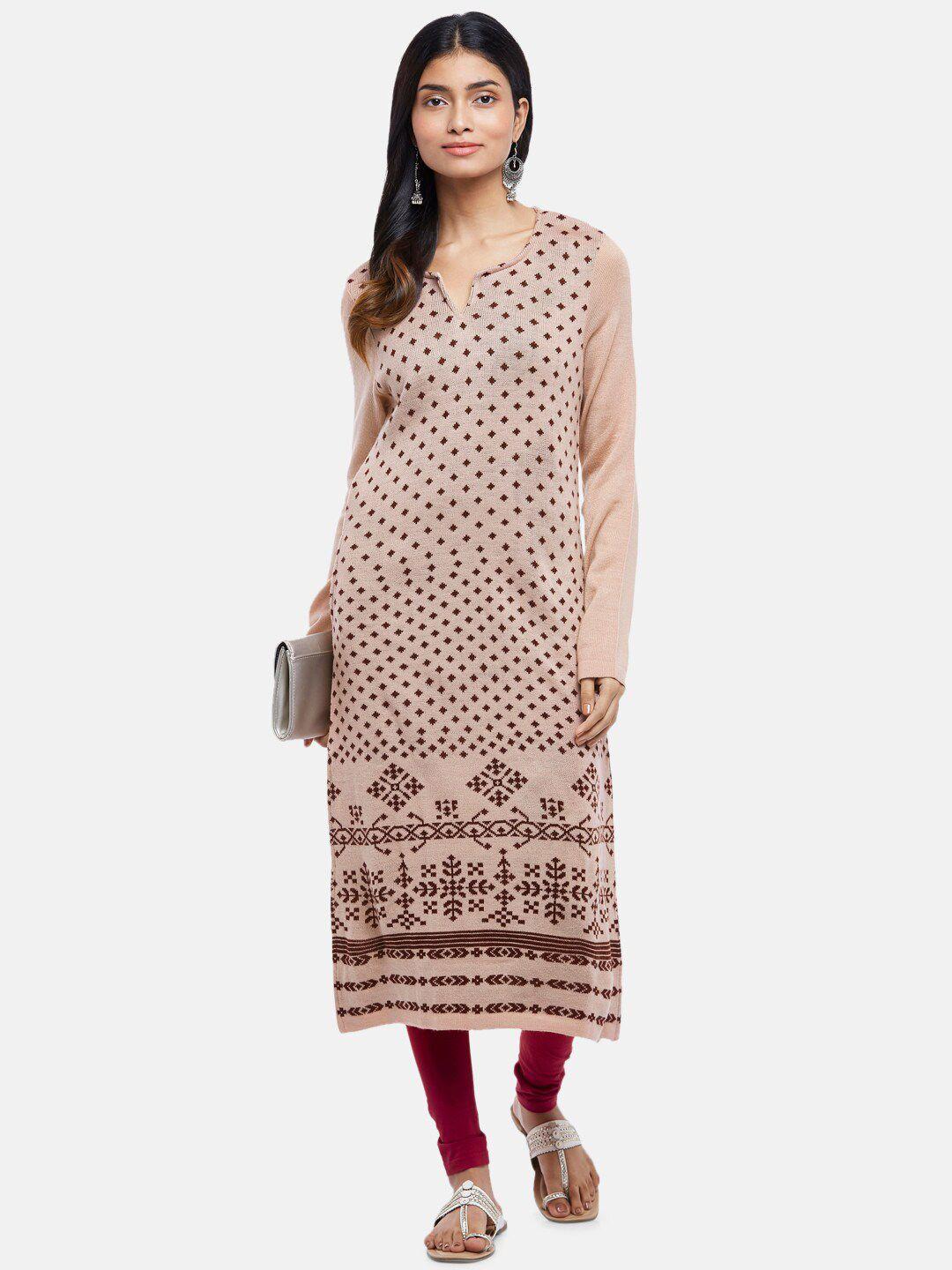 rangmanch by pantaloons women peach-coloured acrylic ethnic motifs embroidered kurta