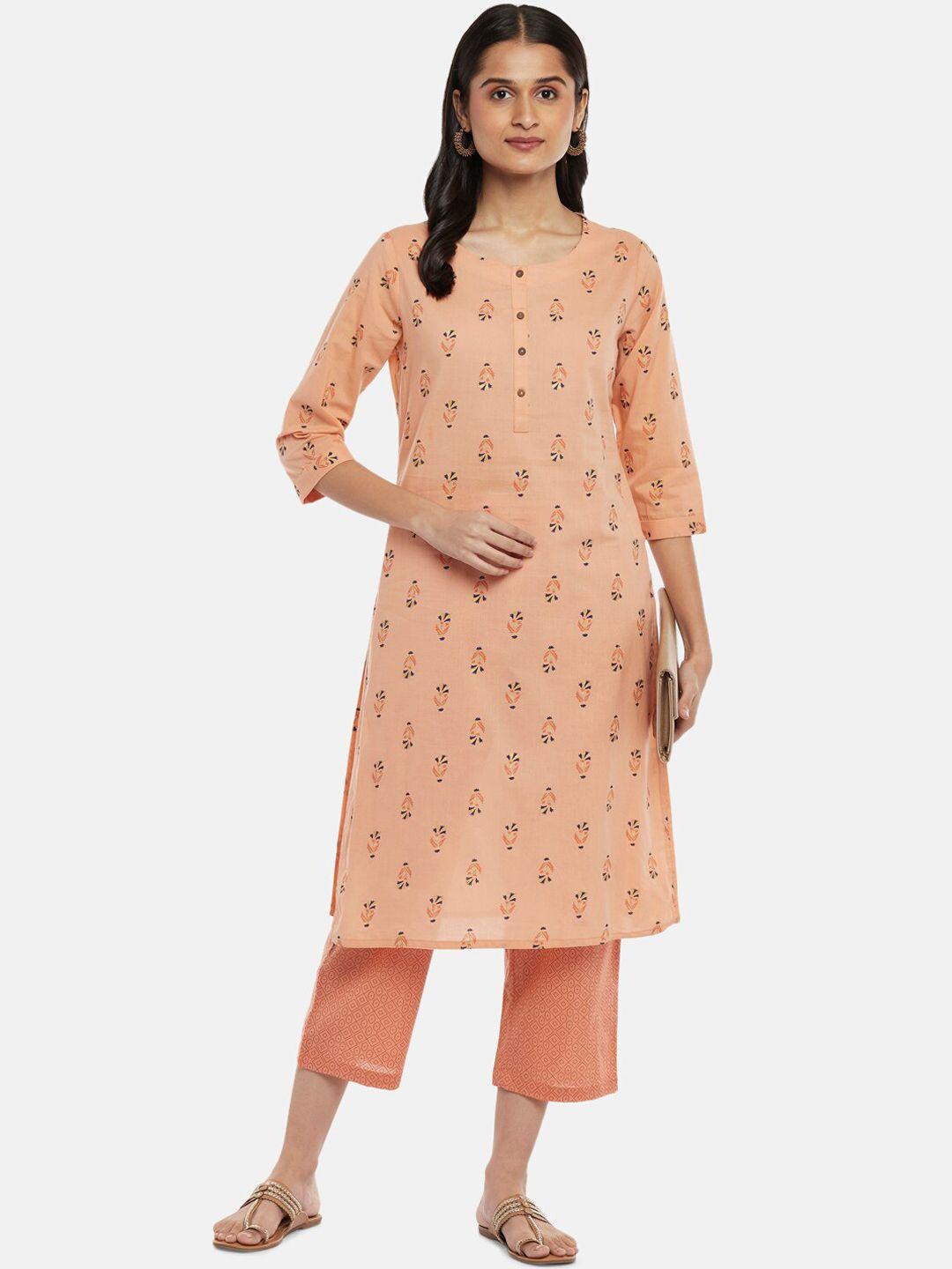 rangmanch by pantaloons women peach-coloured printed pure cotton kurta with trousers