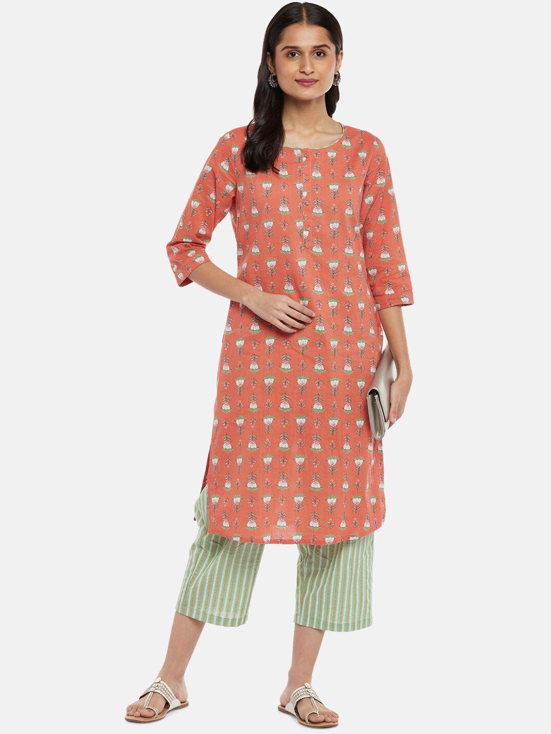 rangmanch by pantaloons women peach-coloured pure cotton kurti with palazzos