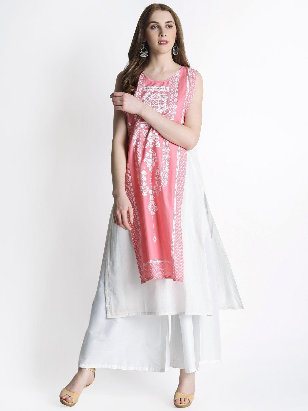 rangmanch by pantaloons women pink & white printed a-line layered kurta