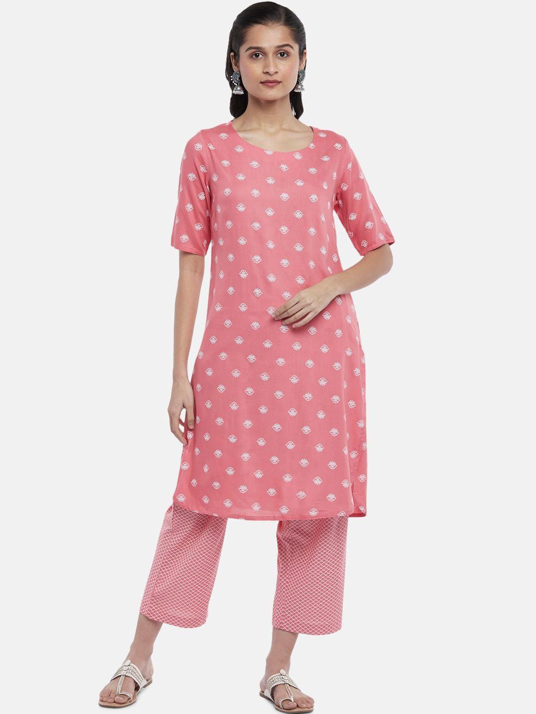 rangmanch by pantaloons women pink & white printed kurta with trousers