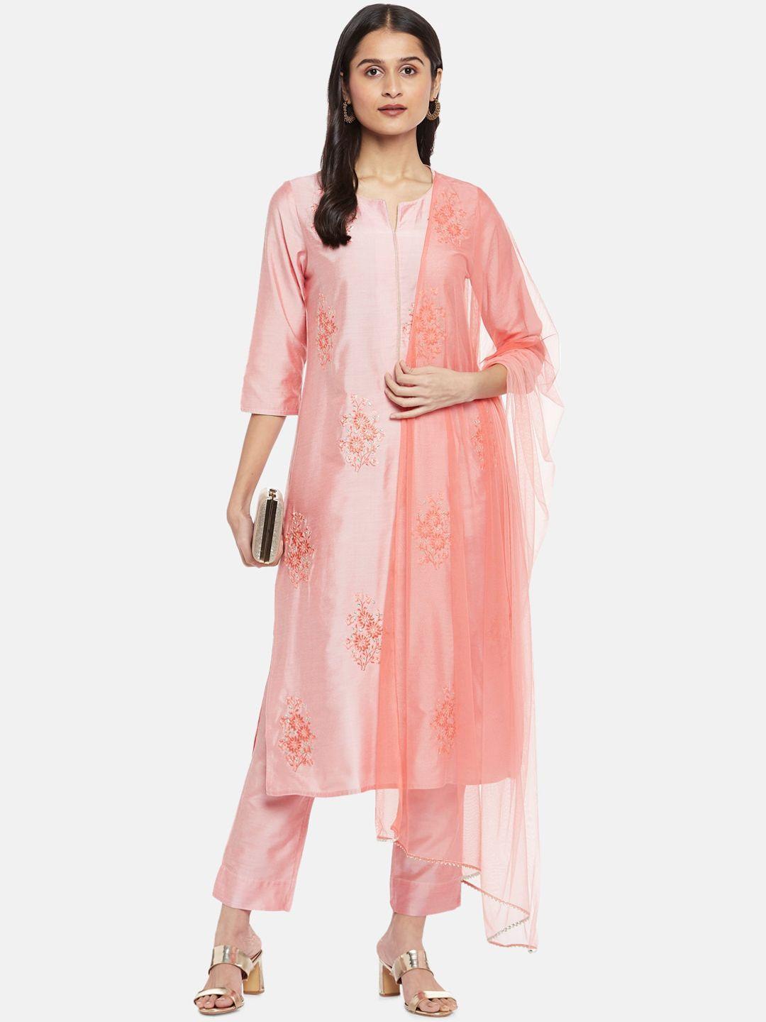 rangmanch by pantaloons women pink floral embroidered regular kurta sets with dupatta
