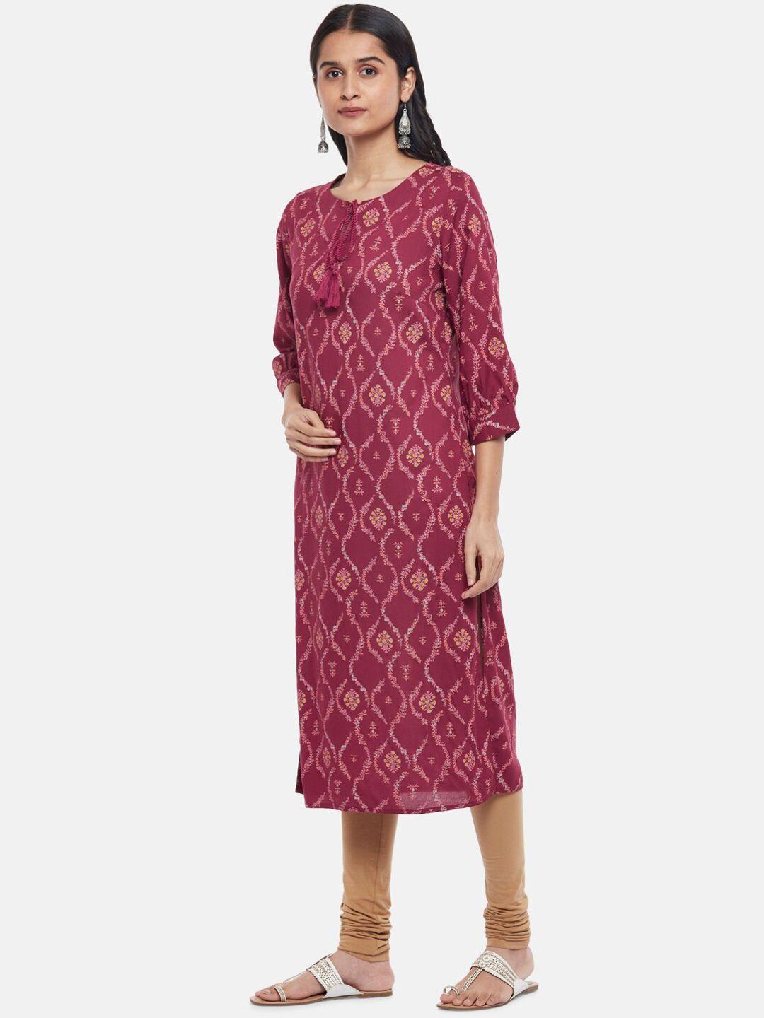 rangmanch by pantaloons women pink geometric printed keyhole neck kurta