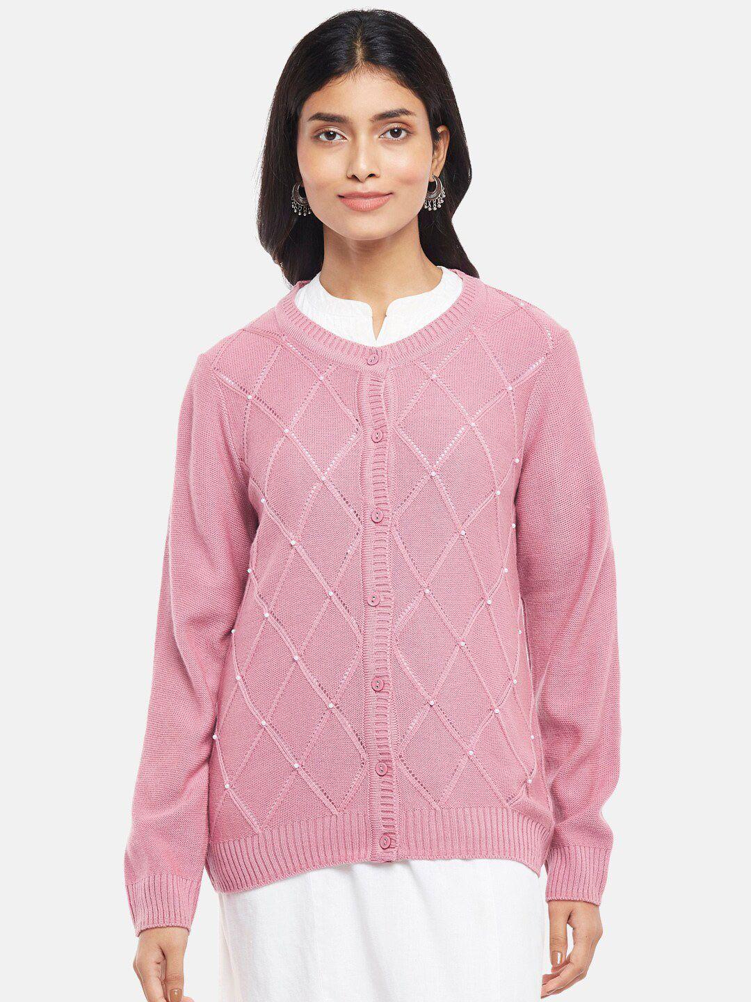 rangmanch by pantaloons women pink open knit acrylic cardigan