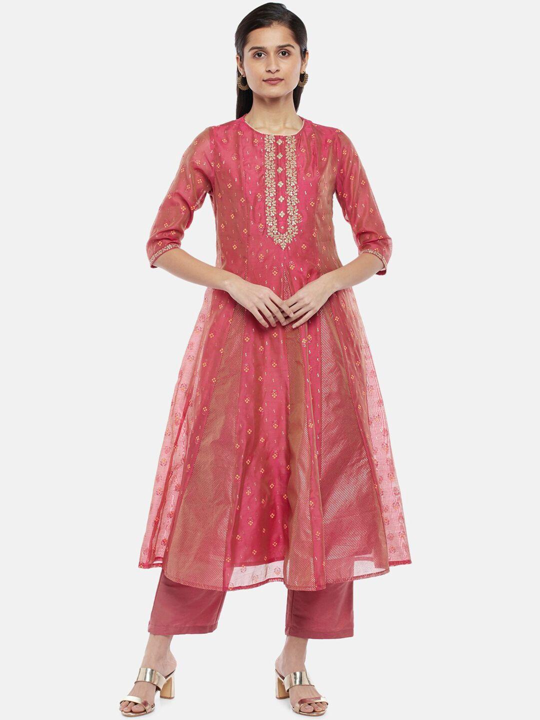 rangmanch by pantaloons women pink printed panelled chanderi cotton kurta set
