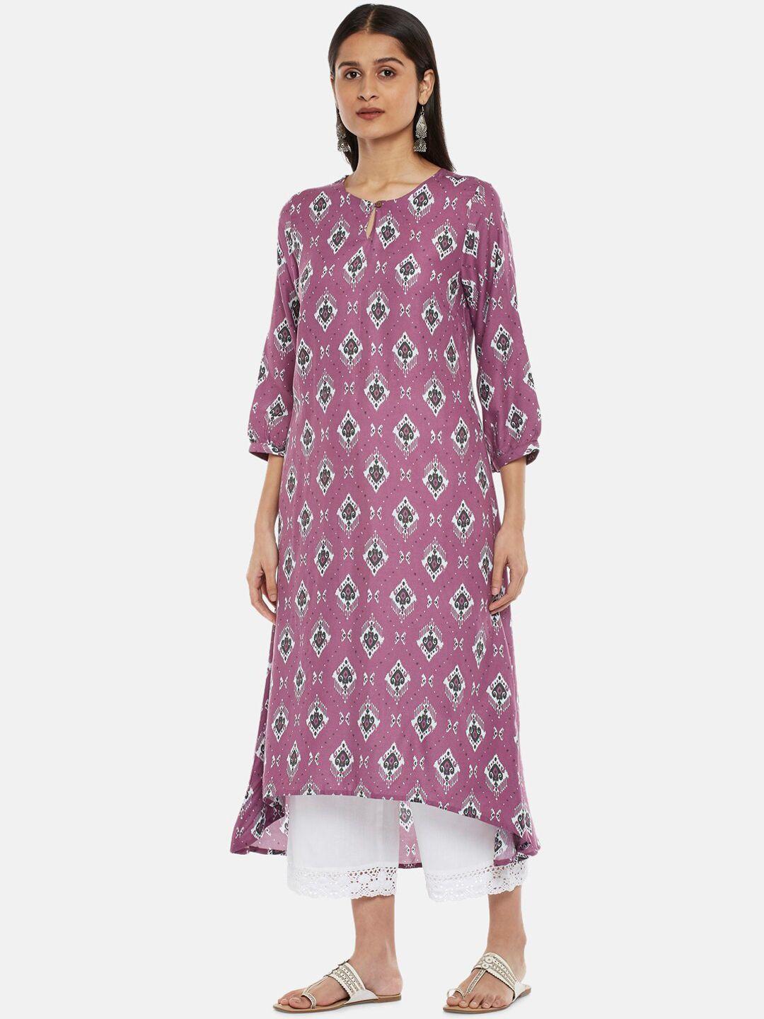 rangmanch by pantaloons women purple geometric printed keyhole neck kurta