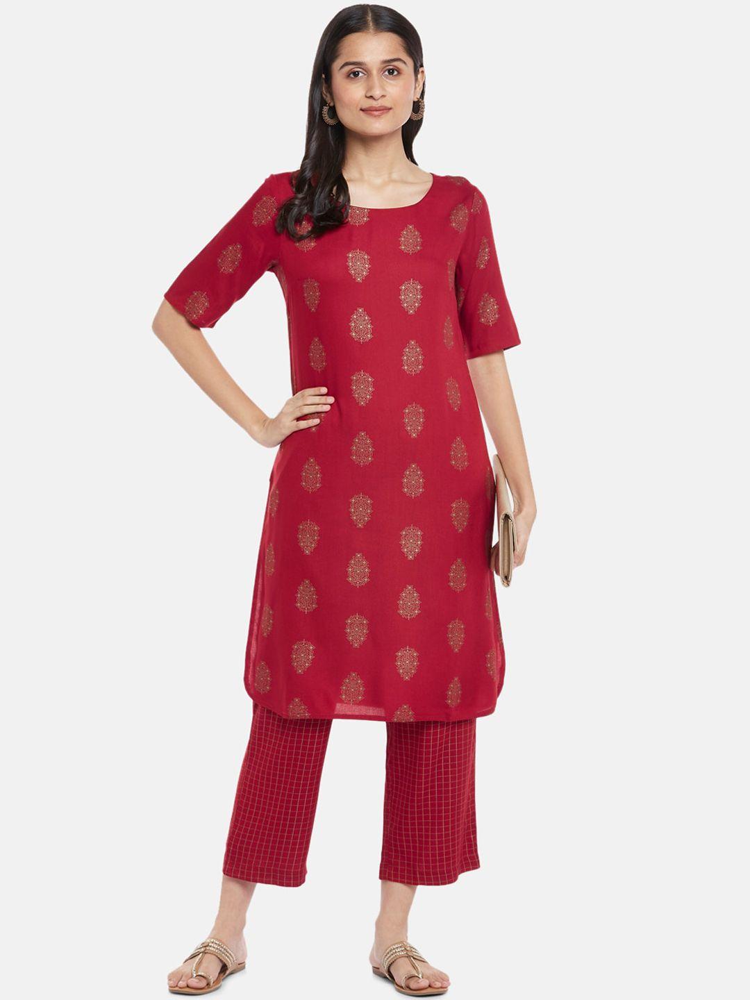 rangmanch by pantaloons women red ethnic motifs printed rayon kurta with palazzos