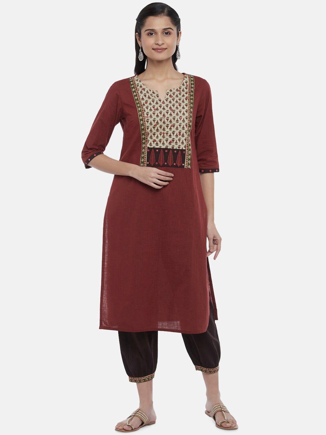 rangmanch by pantaloons women rust & brown ethnic motifs embroidered pure cotton kurtaset