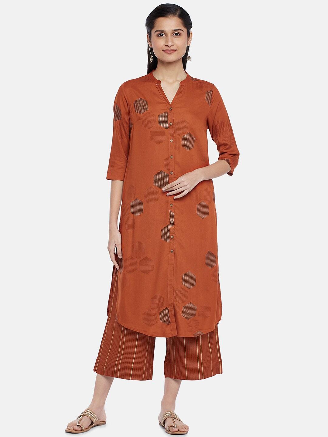 rangmanch by pantaloons women rust ethnic motifs printed kurti with palazzos