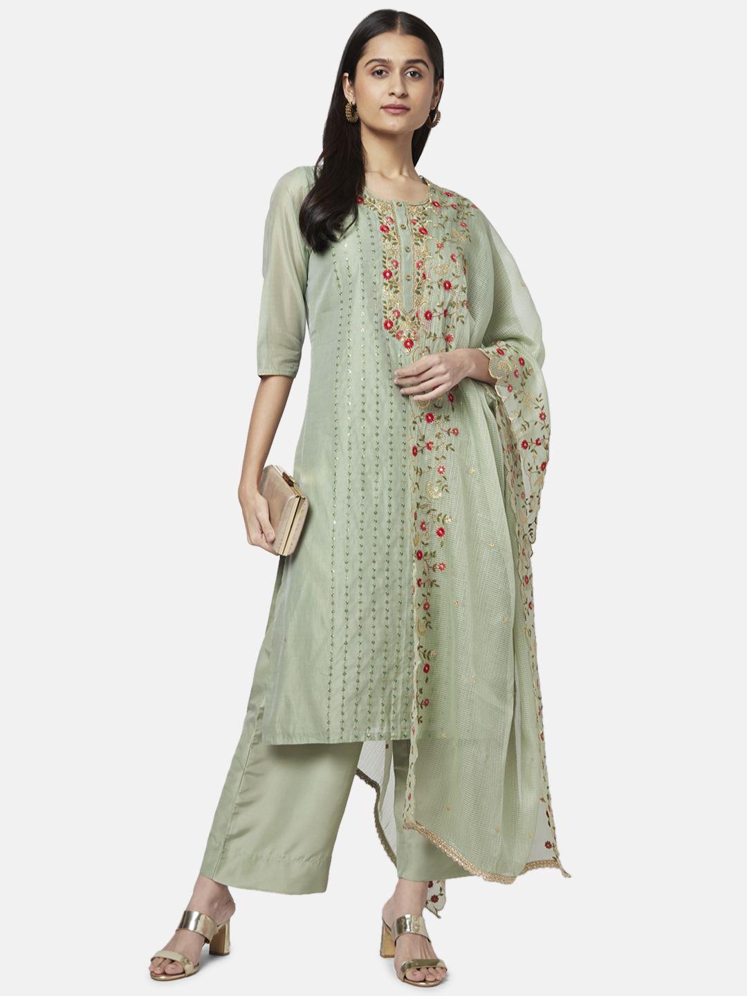 rangmanch by pantaloons women sea green embroidered kurta with palazzo & dupatta set