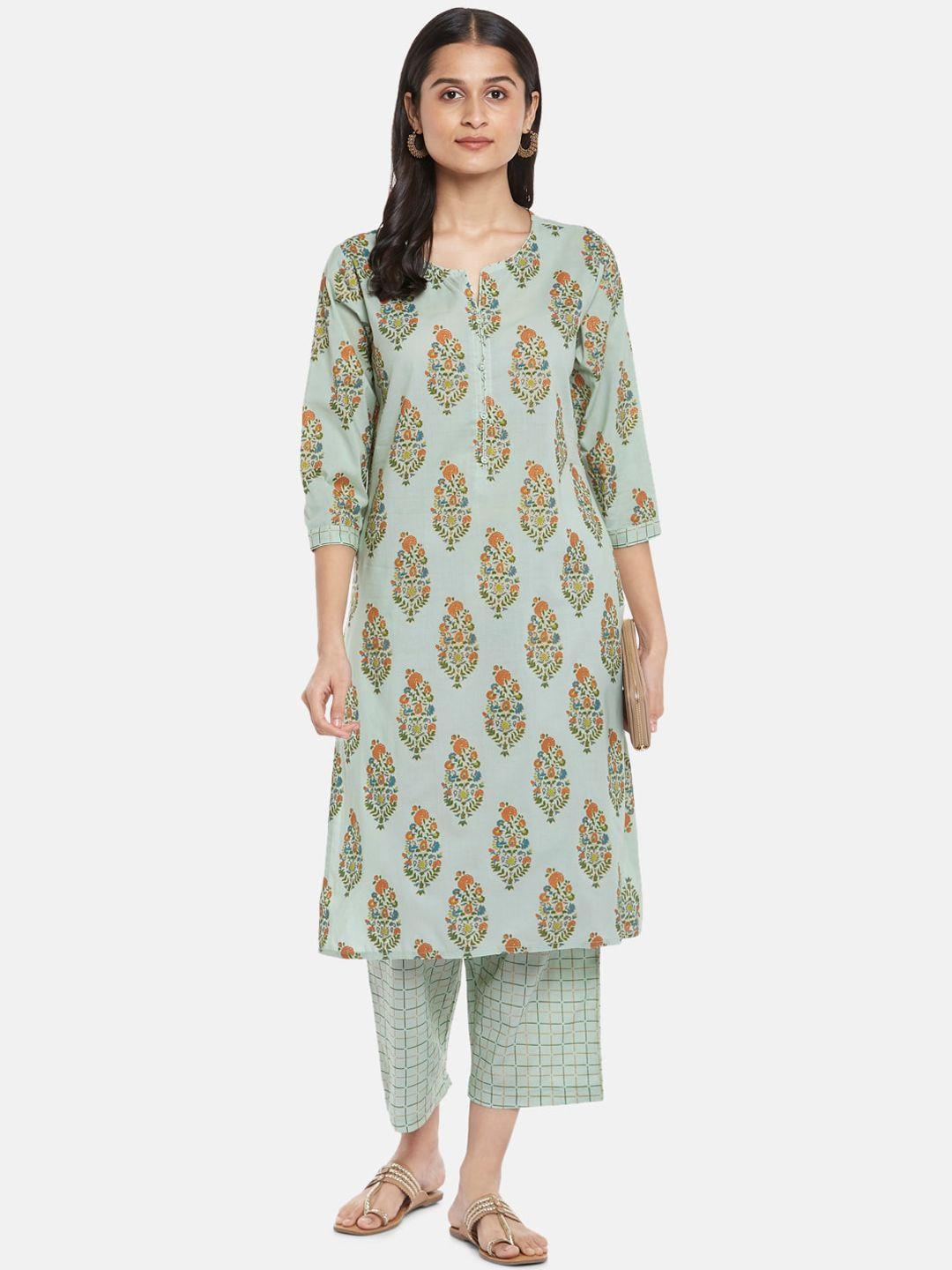 rangmanch by pantaloons women sea green ethnic motifs printed pure cotton kurta set