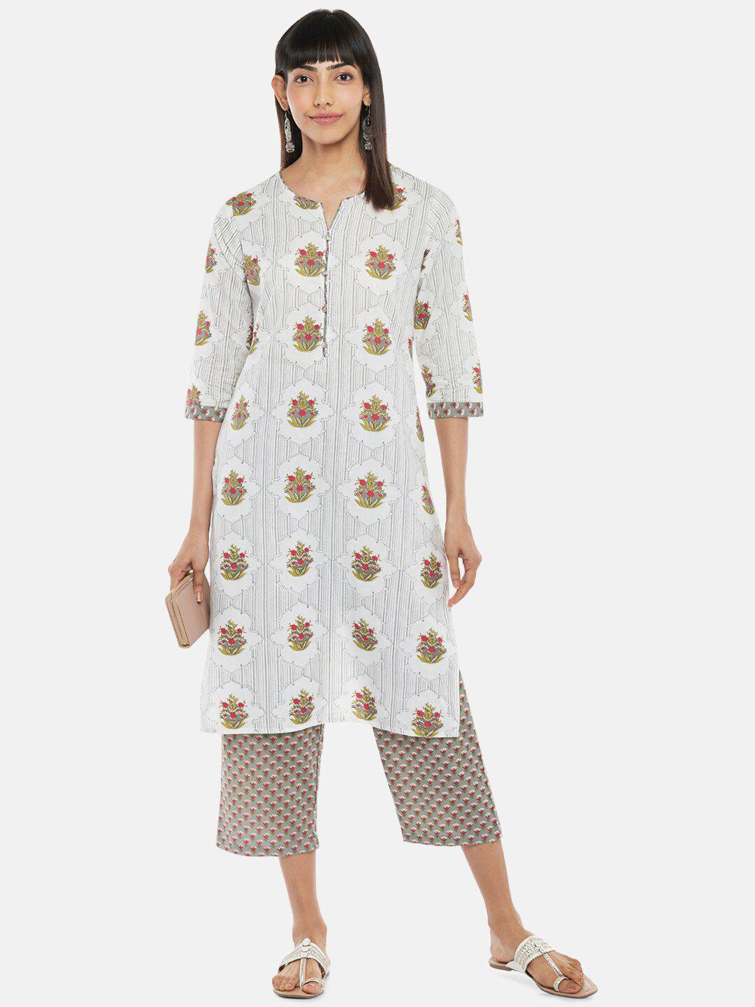 rangmanch by pantaloons women silver-toned ethnic motifs printed pure cotton kurta with trousers