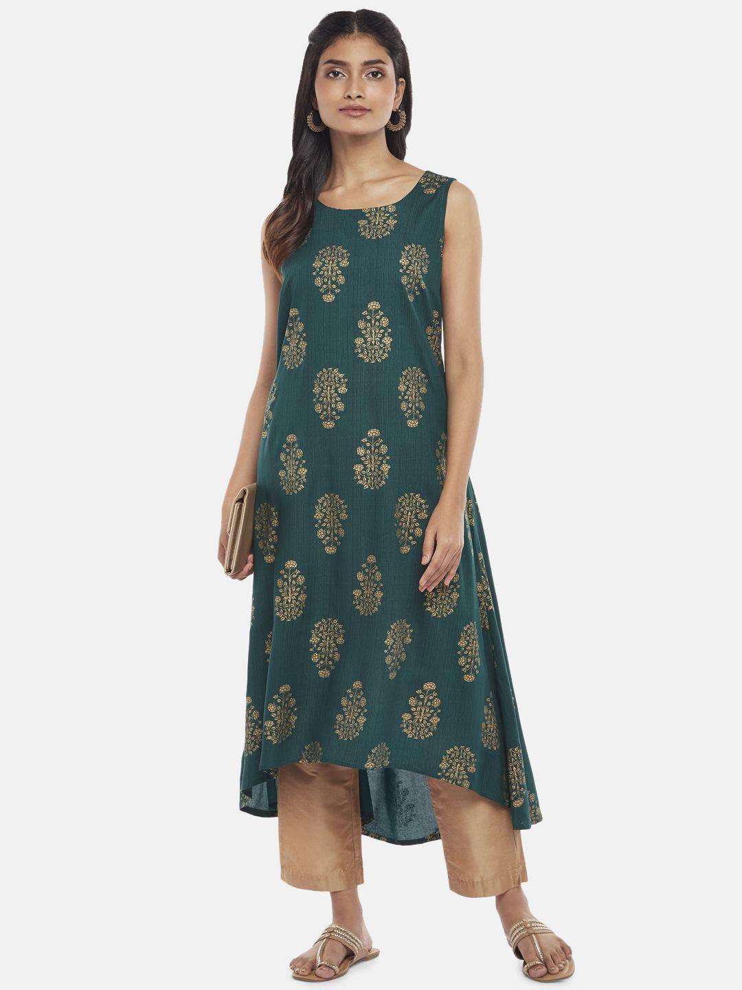 rangmanch by pantaloons women teal & gold-toned ethnic motifs printed high-low kurta