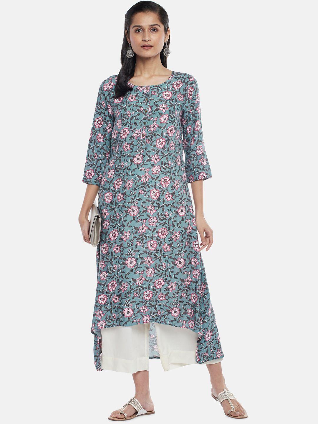 rangmanch by pantaloons women teal & pink floral printed kurta
