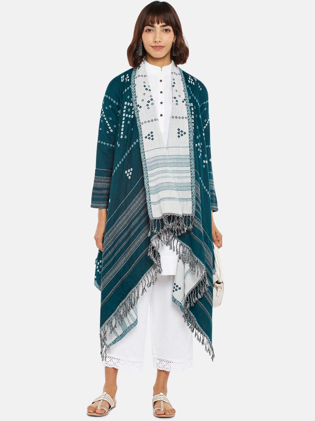 rangmanch by pantaloons women teal & white acrylic longline open front jacket