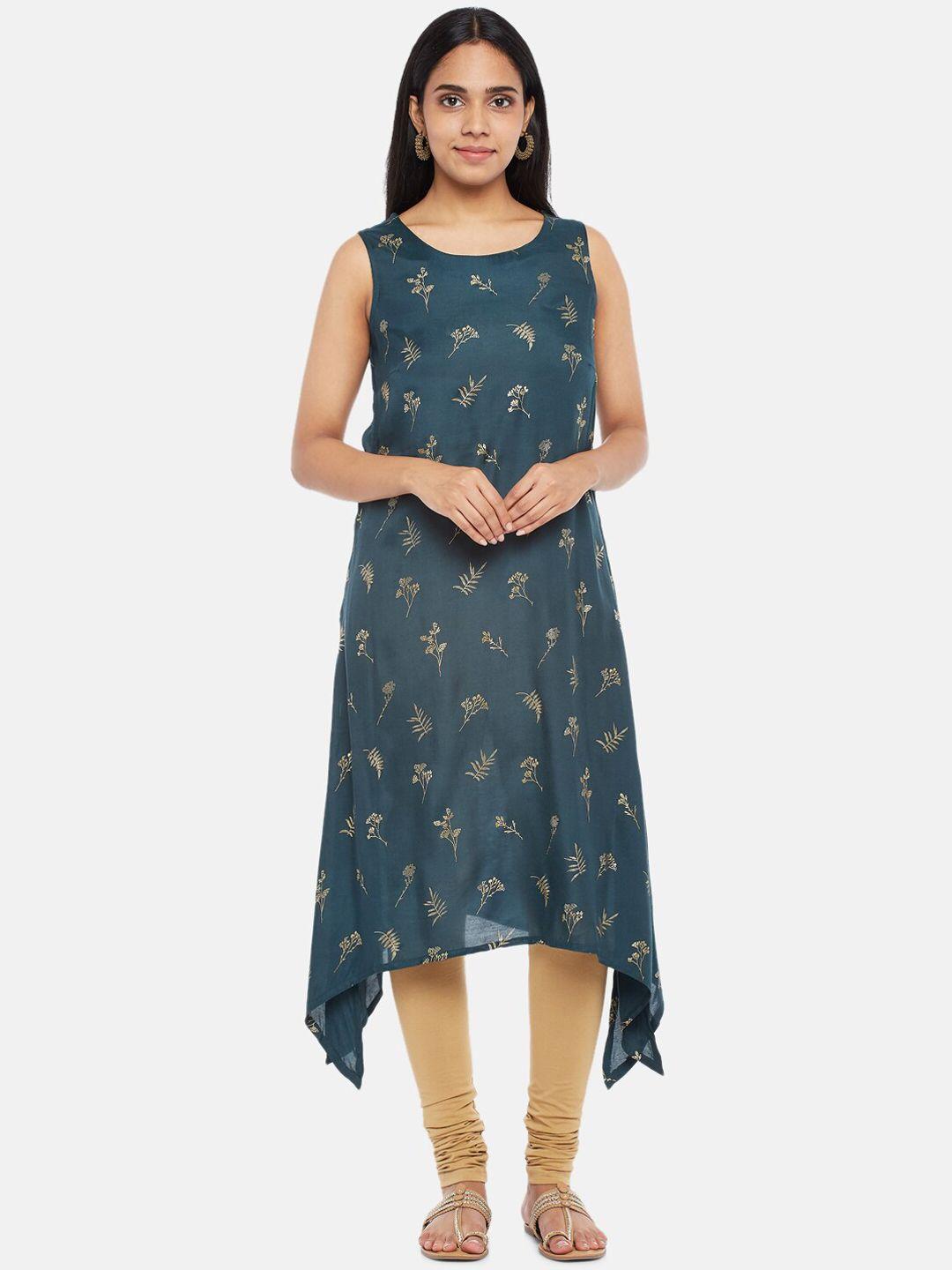 rangmanch by pantaloons women teal blue floral printed kurta