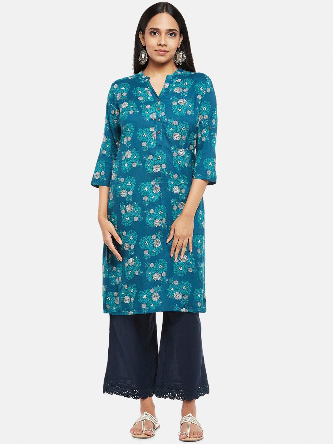 rangmanch by pantaloons women teal blue printed flared sleeves kurta